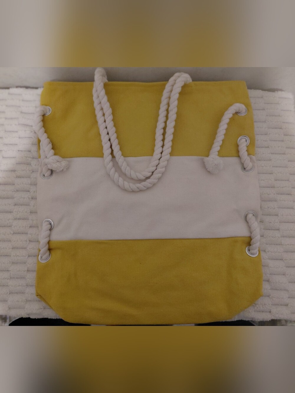 Canvas Rope-Handle Tote Bag in Yellow and White